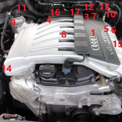 Расположение датчиков на двигателе  AUDI/VW 3.6L V6 TFSI